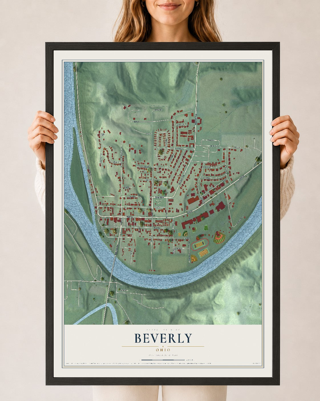 Map of Beverly, Ohio, 24 x 36 inch print in a black wood frame