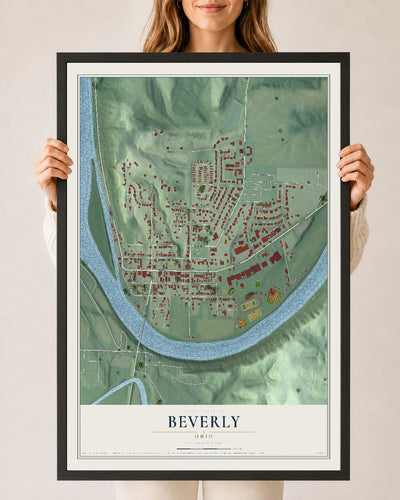 Map of Beverly, Ohio, 24 x 36 inch print in a black wood frame