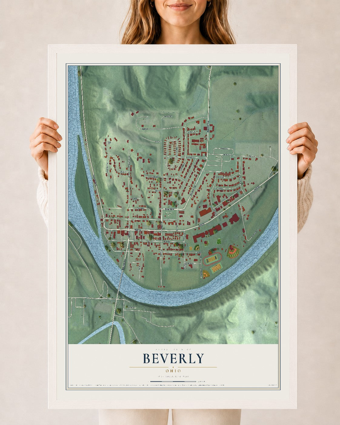 Map of Beverly, Ohio, 24 x 36 inch print in a white wood frame