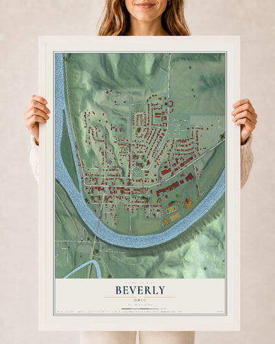 Map of Beverly, Ohio, 24 x 36 inch print in a white wood frame