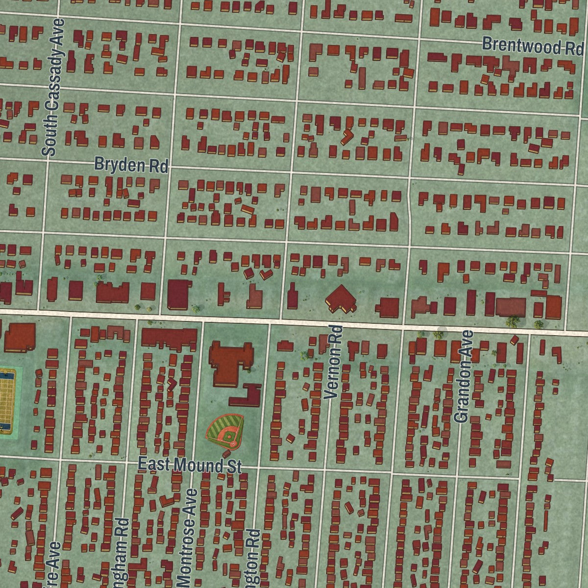 Close-up of the map of Bexley, Ohio print showing street and building detail