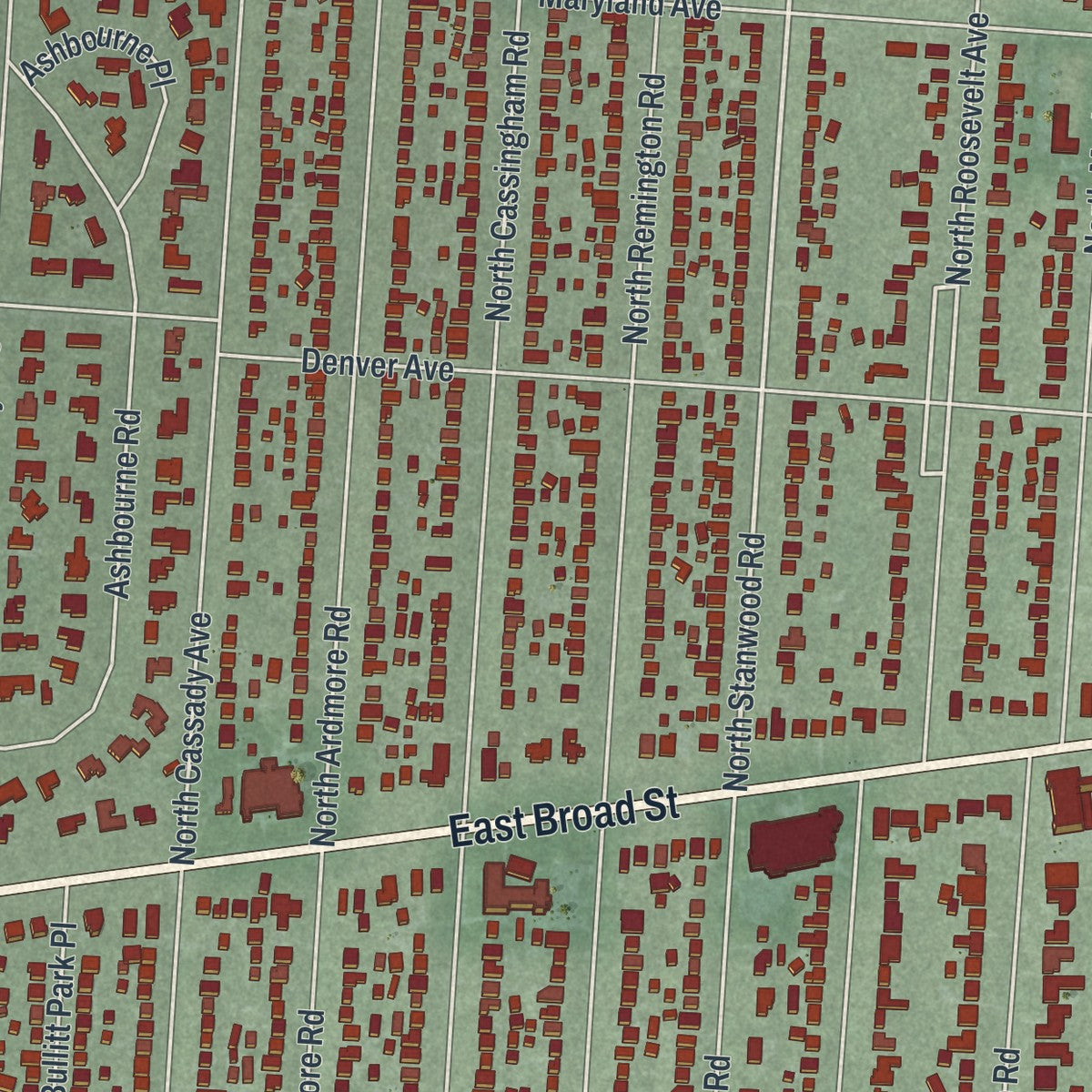 Second close-up of the map of Bexley, Ohio print showing more streets and buildings