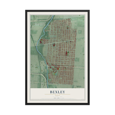 Map of Bexley, Ohio, 12 x 18 inch print in a black wood frame