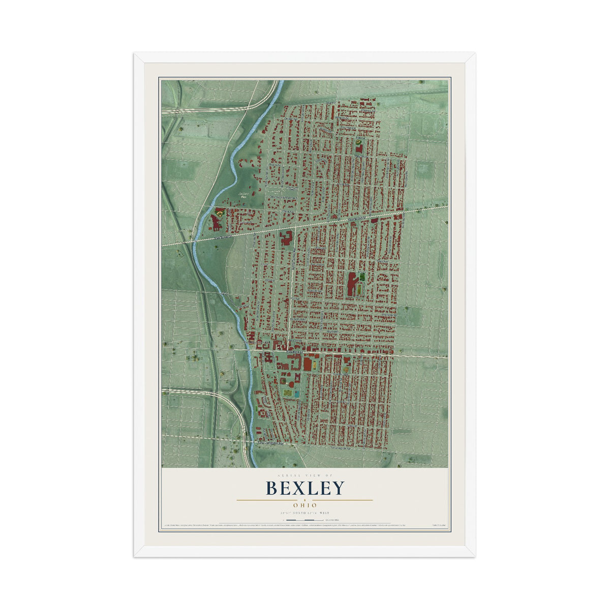 Map of Bexley, Ohio, 12 x 18 inch print in a white wood frame