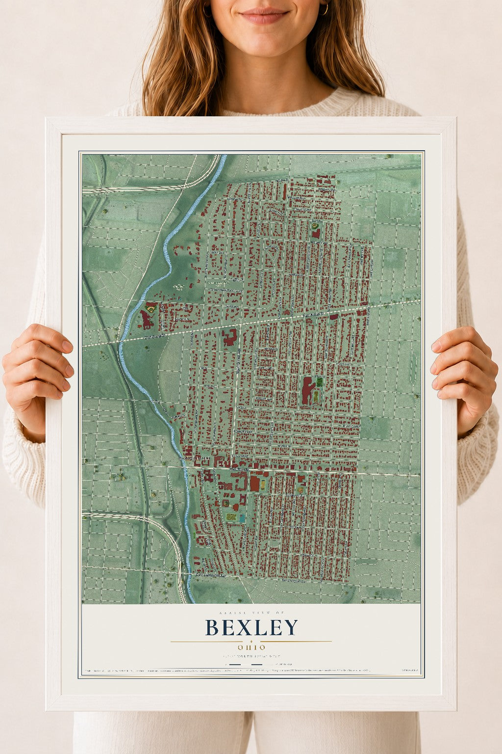 Map of Bexley, Ohio, 18 x 24 inch print in a white wood frame