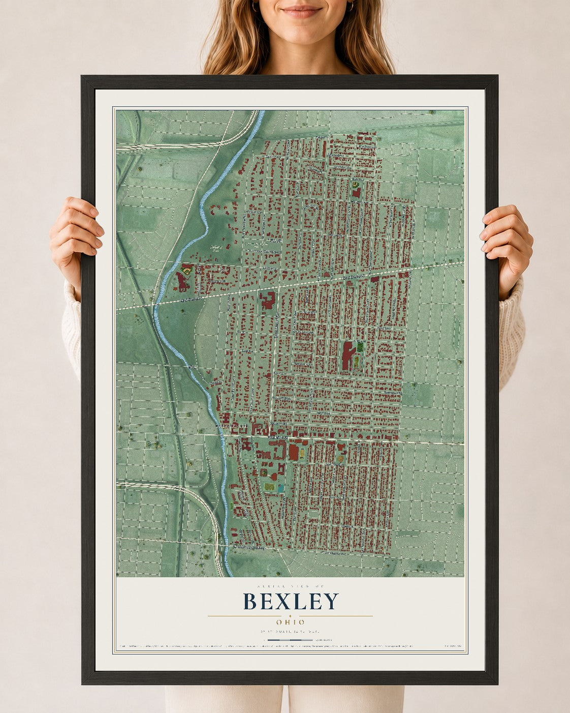 Map of Bexley, Ohio, 24 x 36 inch print in a black wood frame