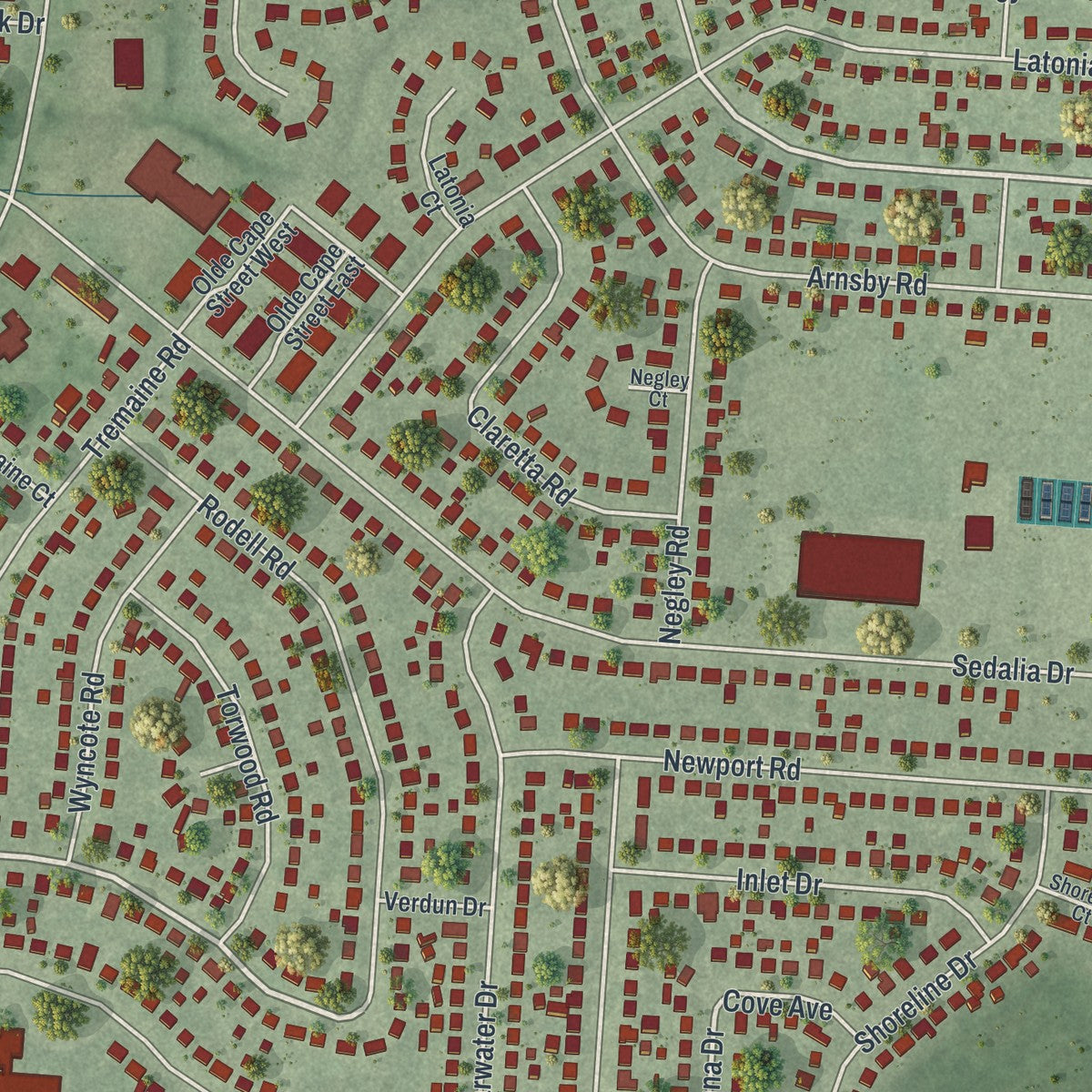 Close-up of the map of Blacklick Estates, Ohio print showing street and building detail