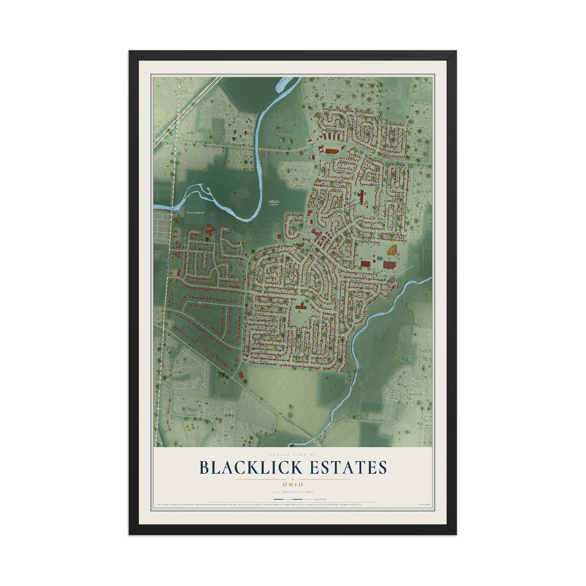 Map of Blacklick Estates, Ohio, 12 x 18 inch print in a black wood frame