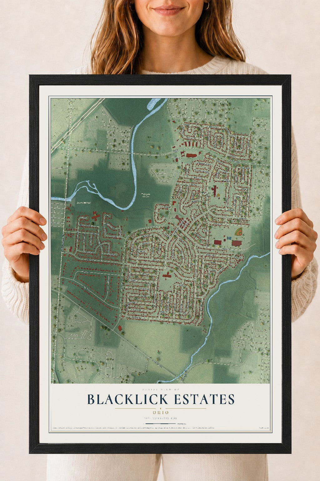 Map of Blacklick Estates, Ohio, 18 x 24 inch print in a black wood frame