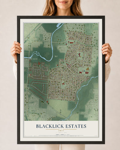 Map of Blacklick Estates, Ohio, 24 x 36 inch print in a black wood frame