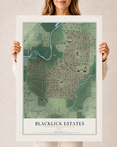 Map of Blacklick Estates, Ohio, 24 x 36 inch print in a white wood frame
