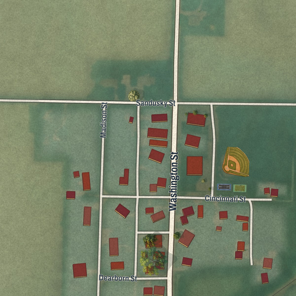 Close-up of the map of Blakeslee, Ohio print showing street and building detail