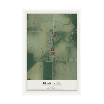 Map of Blakeslee, Ohio, 12 x 18 inch print in a white wood frame