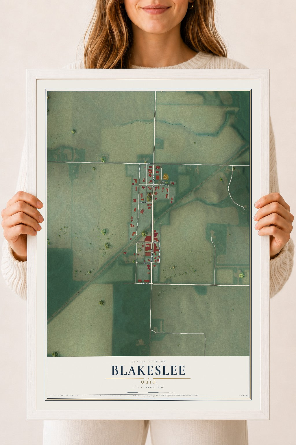 Map of Blakeslee, Ohio, 18 x 24 inch print in a white wood frame