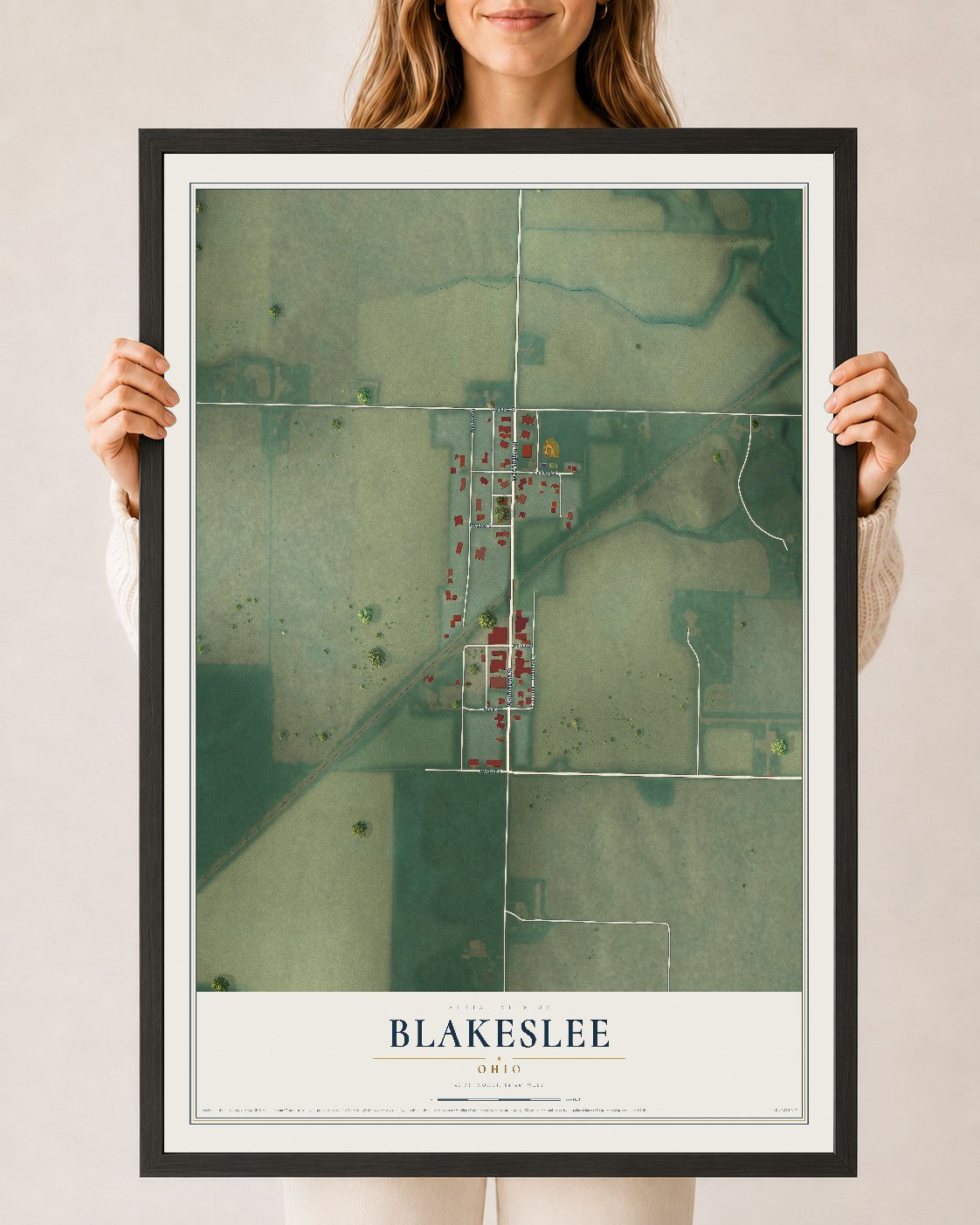 Map of Blakeslee, Ohio, 24 x 36 inch print in a black wood frame
