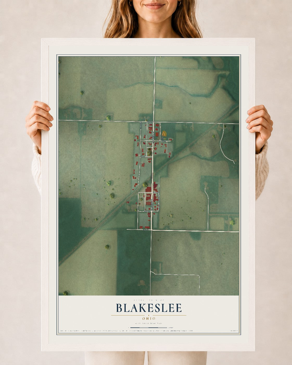 Map of Blakeslee, Ohio, 24 x 36 inch print in a white wood frame