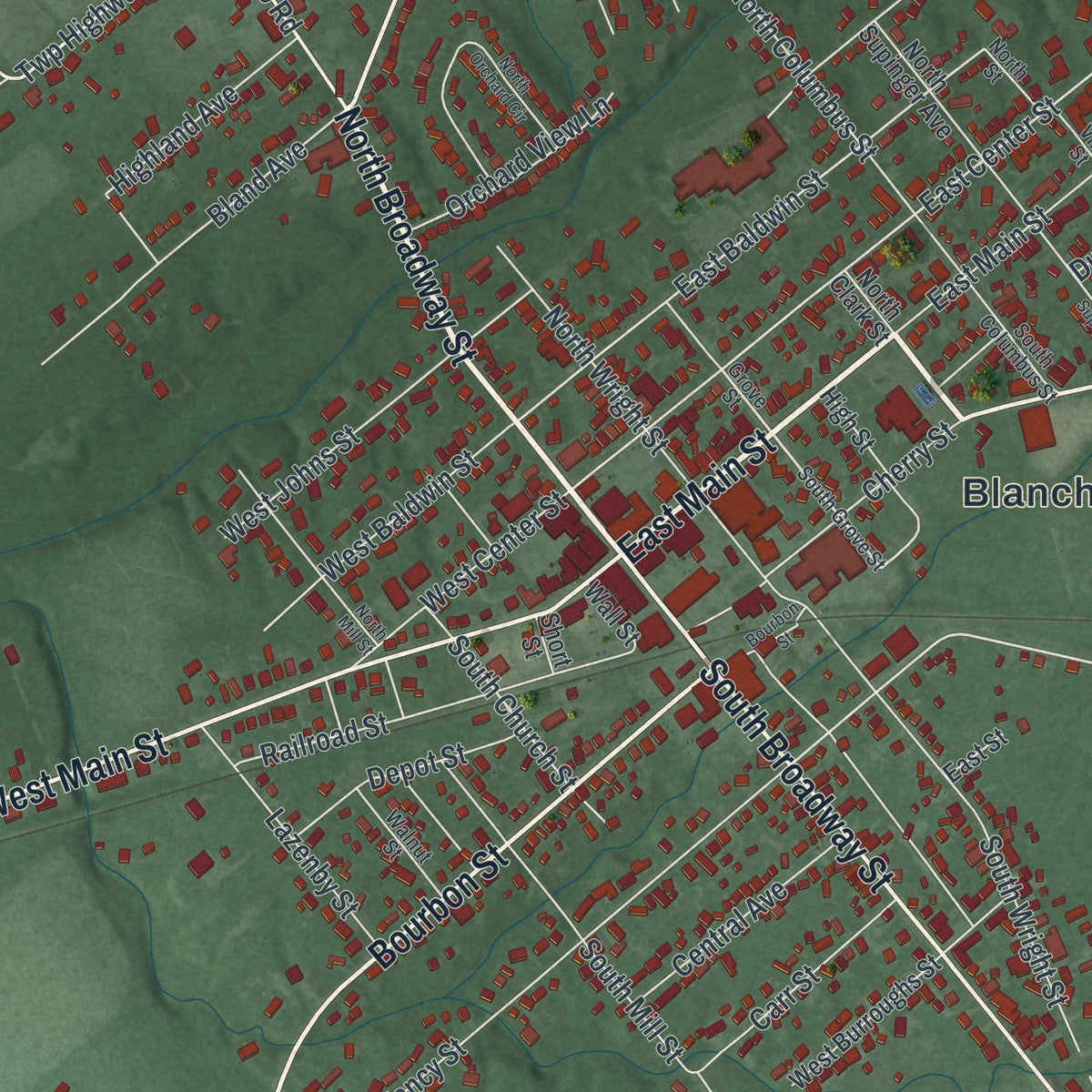 Close-up of the map of Blanchester, Ohio print showing street and building detail