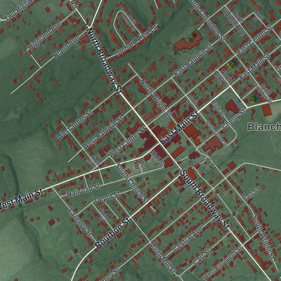 Close-up of the map of Blanchester, Ohio print showing street and building detail
