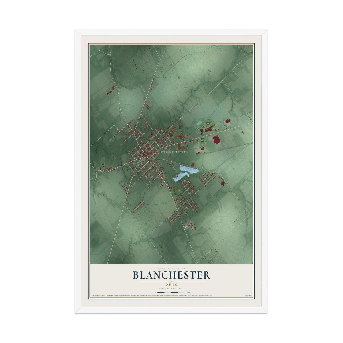 Map of Blanchester, Ohio, 12 x 18 inch print in a white wood frame