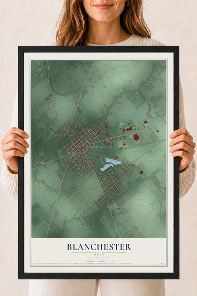 Map of Blanchester, Ohio, 18 x 24 inch print in a black wood frame