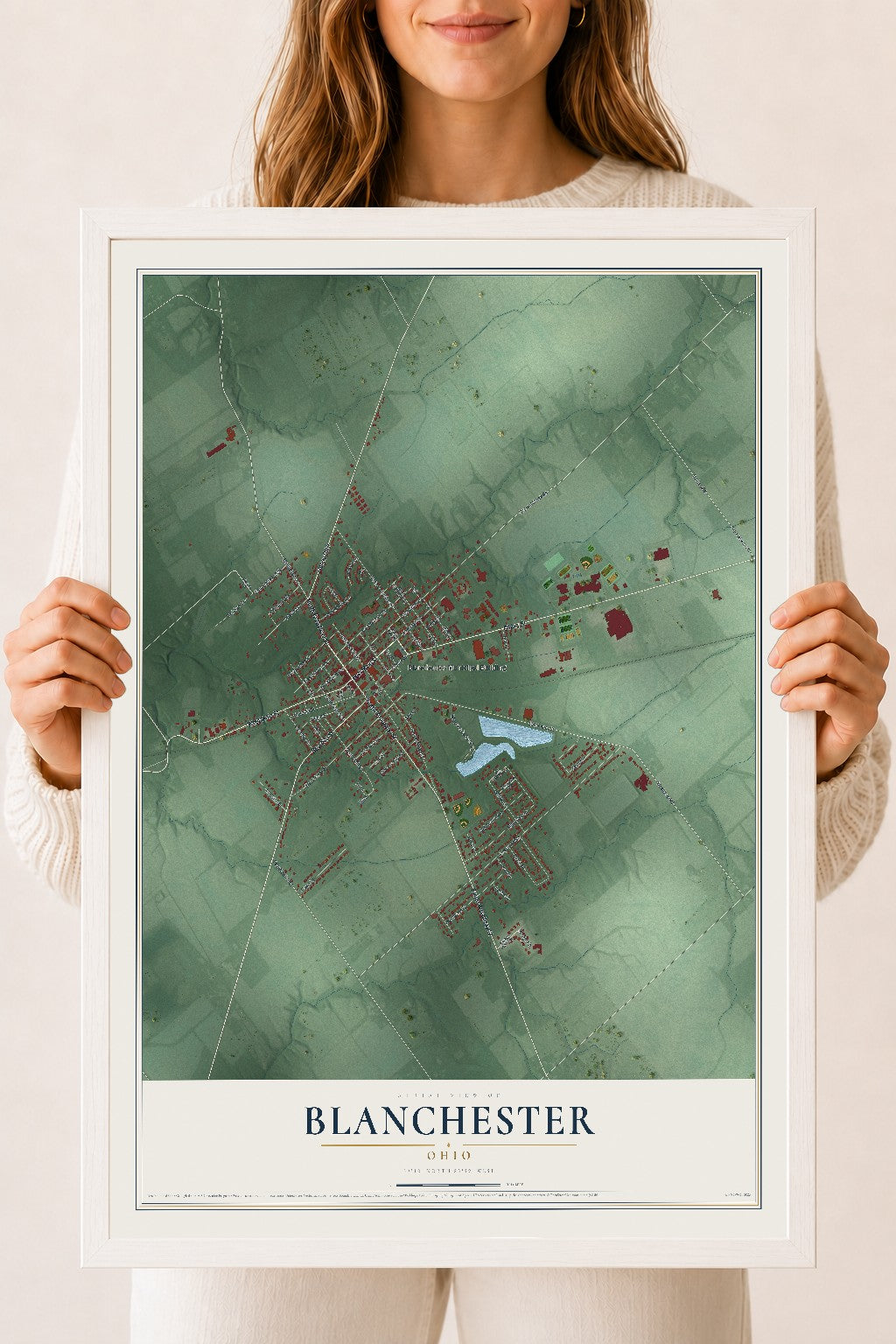 Map of Blanchester, Ohio, 18 x 24 inch print in a white wood frame