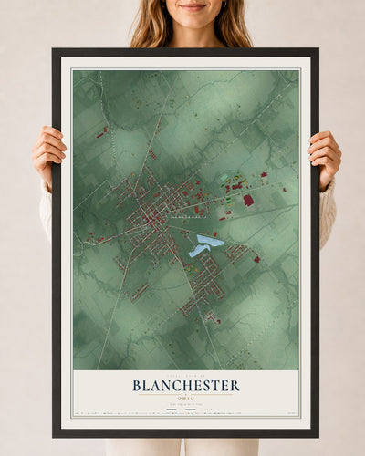 Map of Blanchester, Ohio, 24 x 36 inch print in a black wood frame