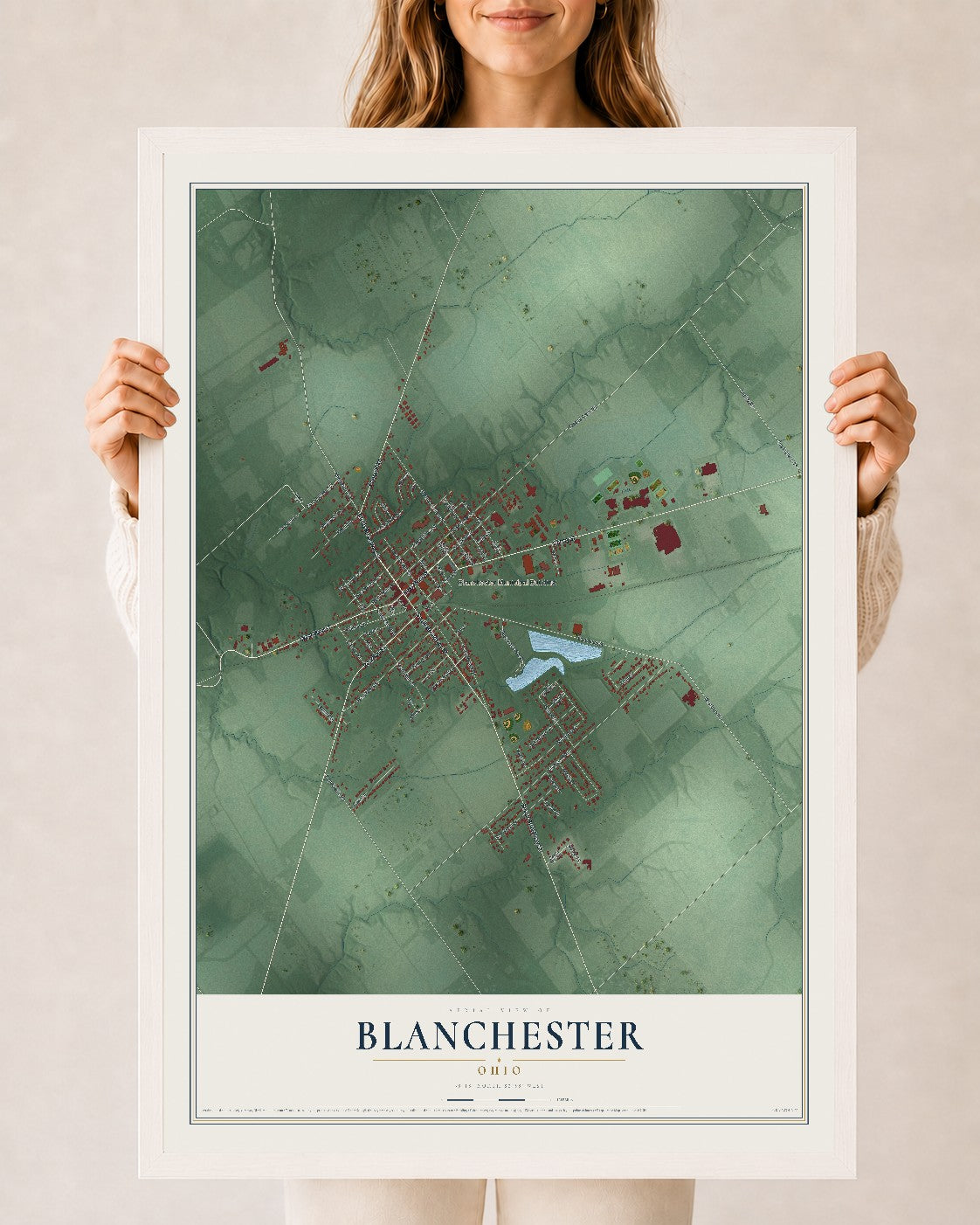 Map of Blanchester, Ohio, 24 x 36 inch print in a white wood frame