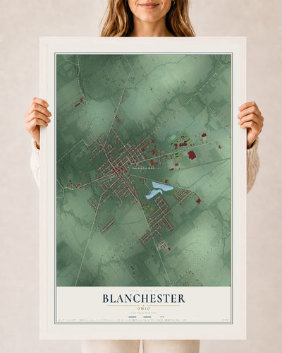 Map of Blanchester, Ohio, 24 x 36 inch print in a white wood frame