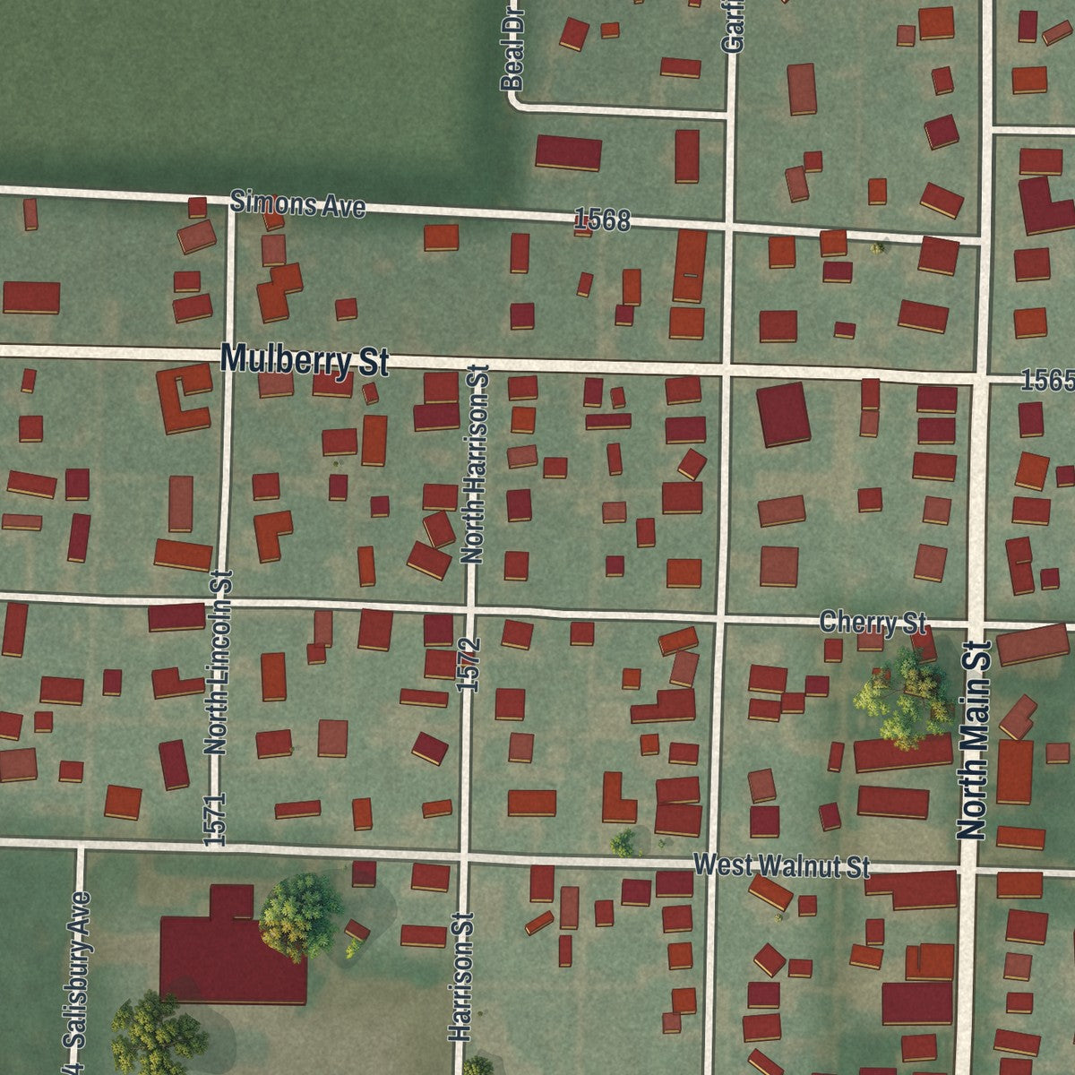 Close-up of the map of Bloomdale, Ohio print showing street and building detail