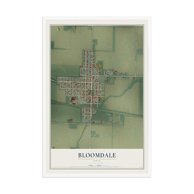 Map of Bloomdale, Ohio, 12 x 18 inch print in a white wood frame