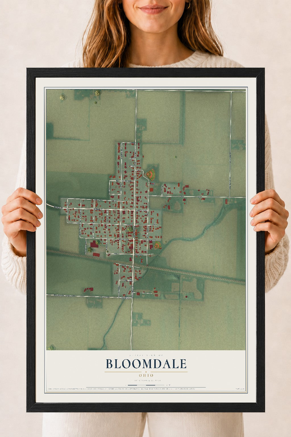 Map of Bloomdale, Ohio, 18 x 24 inch print in a black wood frame