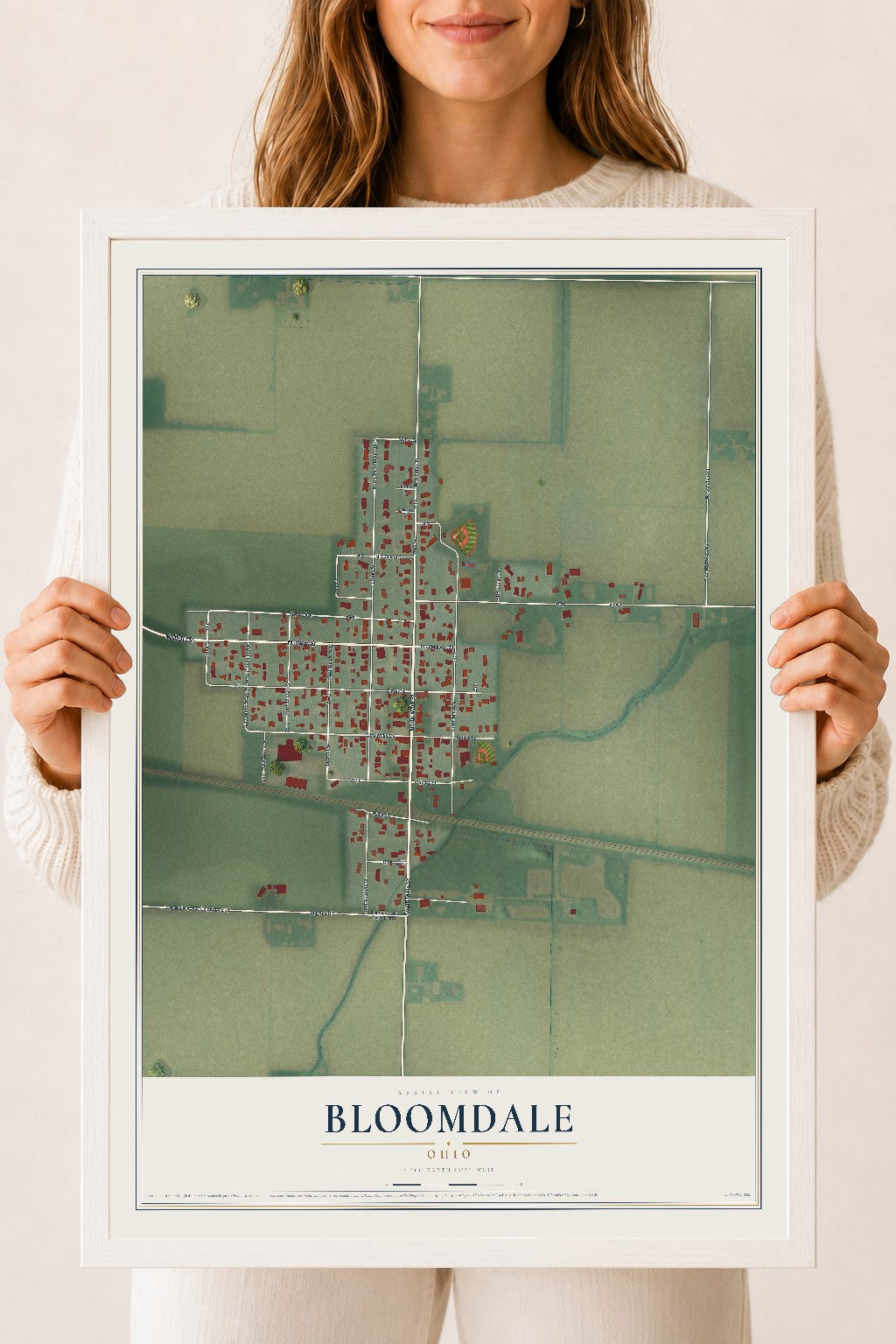 Map of Bloomdale, Ohio, 18 x 24 inch print in a white wood frame