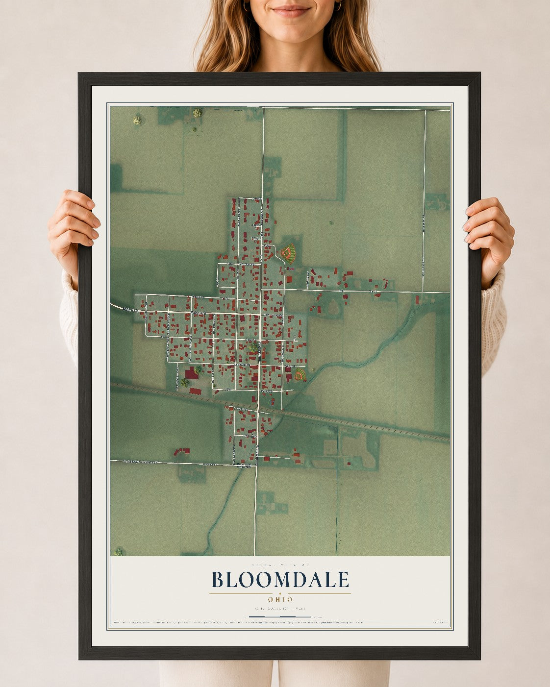 Map of Bloomdale, Ohio, 24 x 36 inch print in a black wood frame
