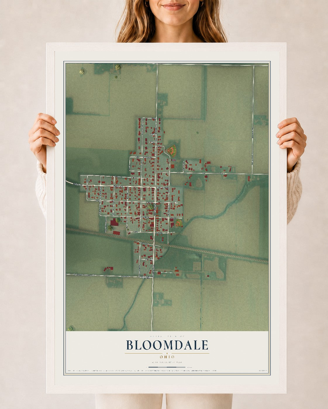 Map of Bloomdale, Ohio, 24 x 36 inch print in a white wood frame