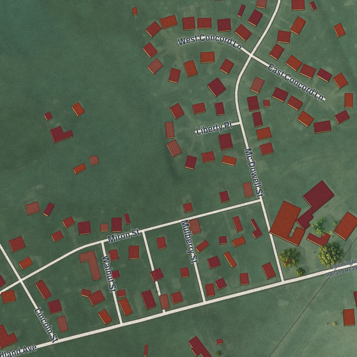 Second close-up of the map of Bloomingburg, Ohio print showing more streets and buildings