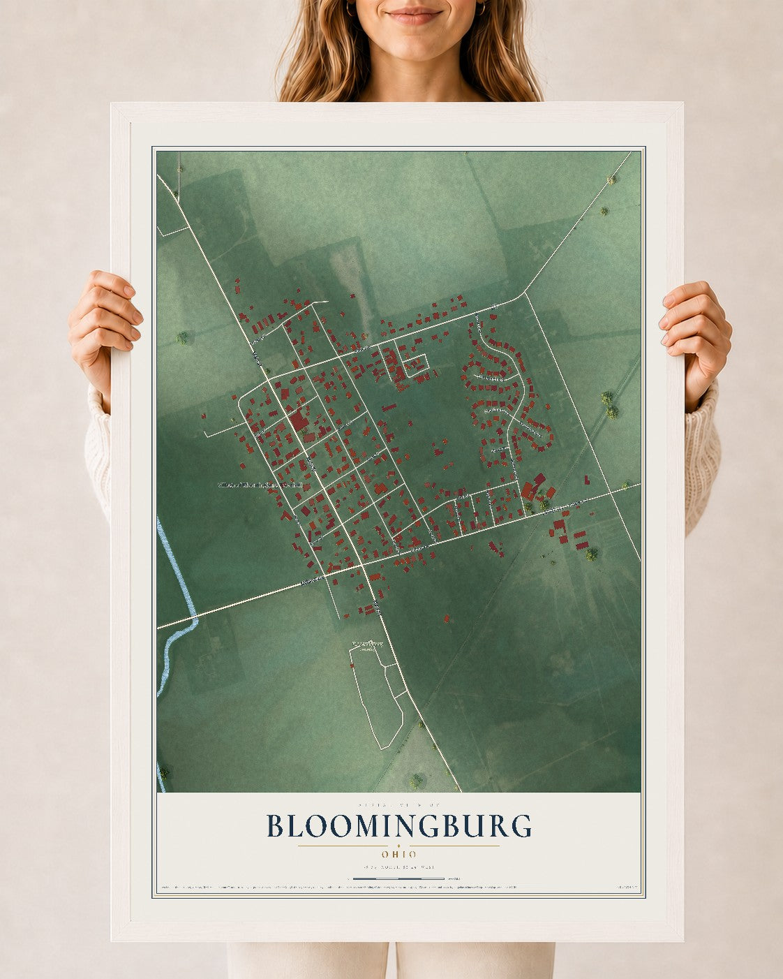 Map of Bloomingburg, Ohio, 24 x 36 inch print in a white wood frame