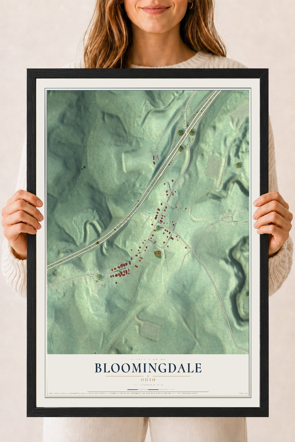 Map of Bloomingdale, Ohio, 18 x 24 inch print in a black wood frame