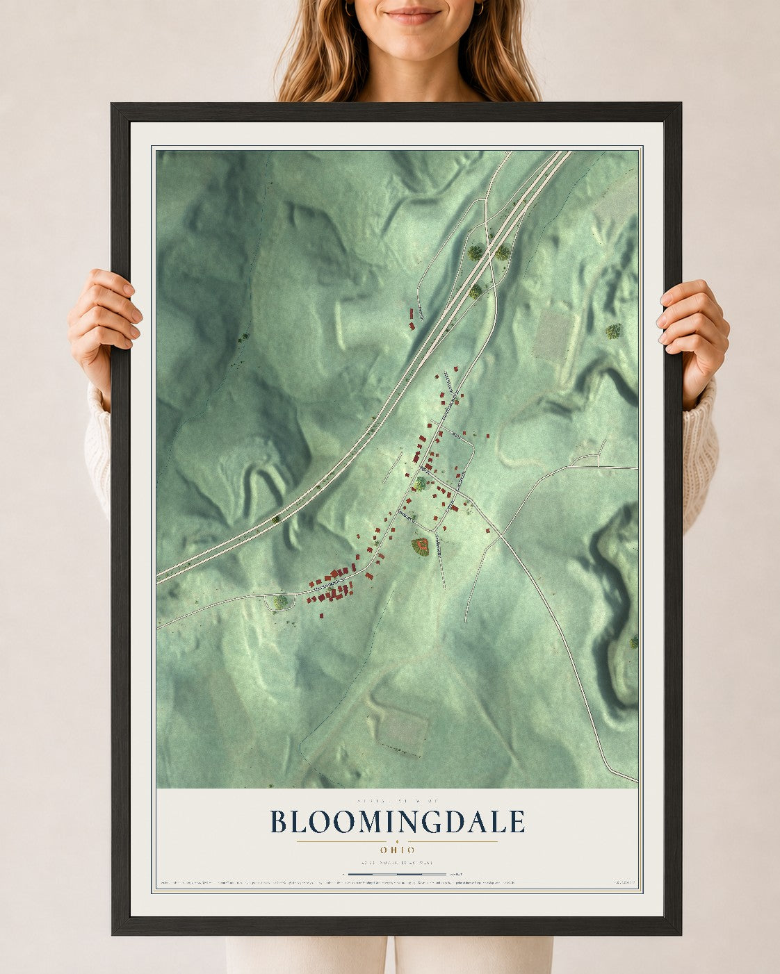 Map of Bloomingdale, Ohio, 24 x 36 inch print in a black wood frame