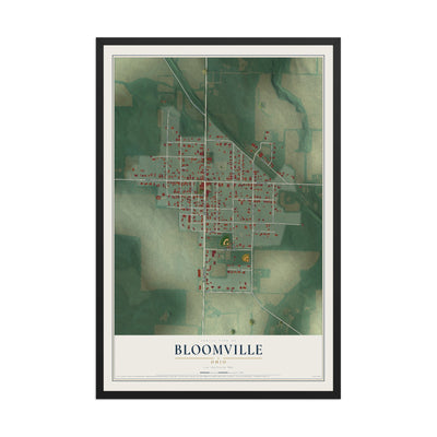 Map of Bloomville, Ohio, 12 x 18 inch print in a black wood frame