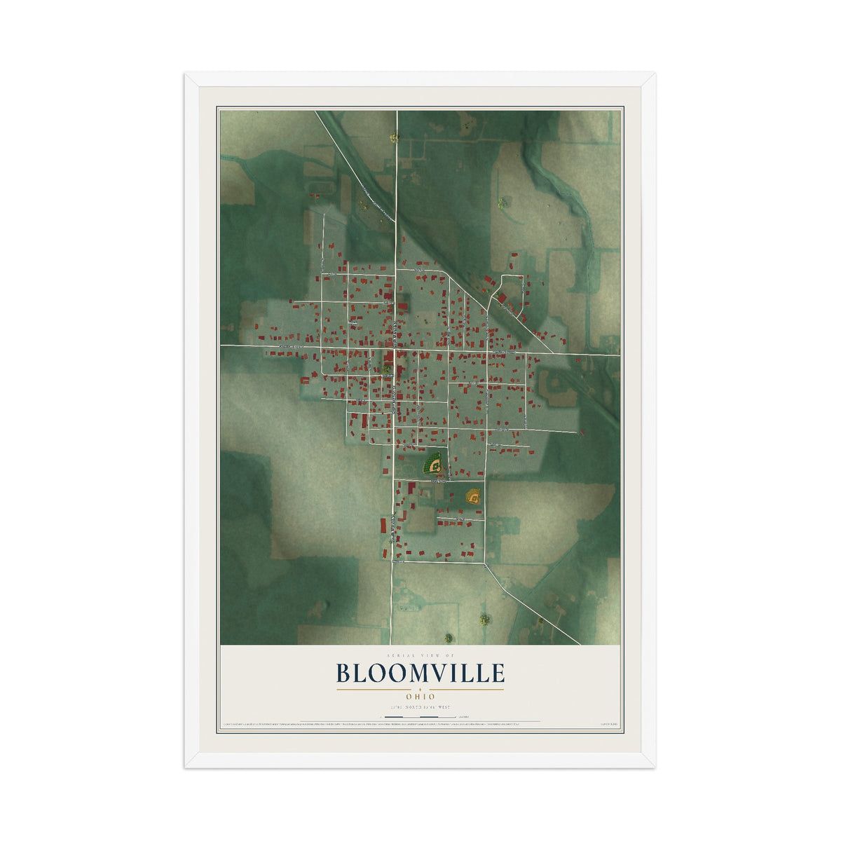 Map of Bloomville, Ohio, 12 x 18 inch print in a white wood frame