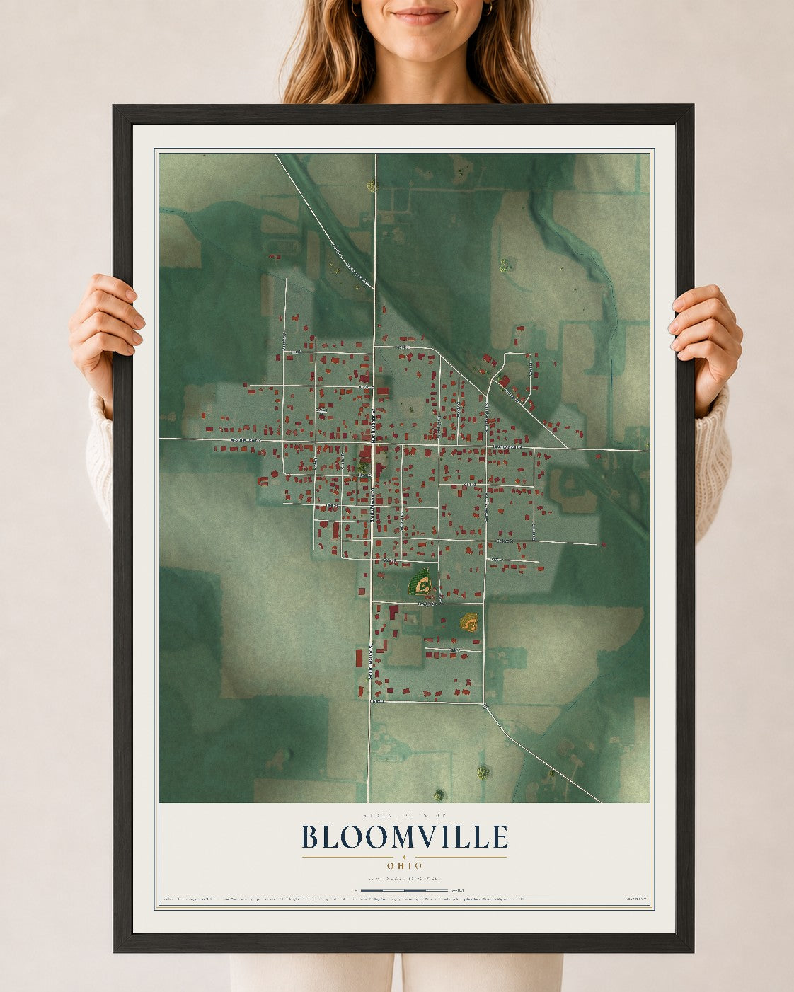Map of Bloomville, Ohio, 24 x 36 inch print in a black wood frame
