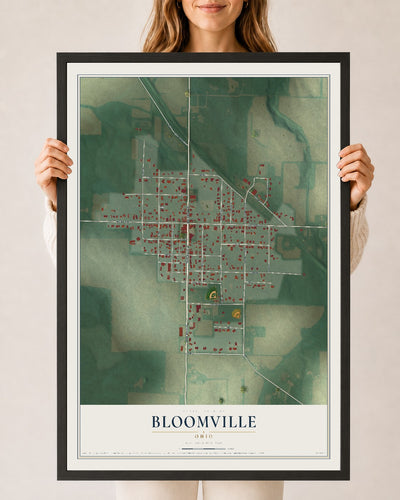 Map of Bloomville, Ohio, 24 x 36 inch print in a black wood frame