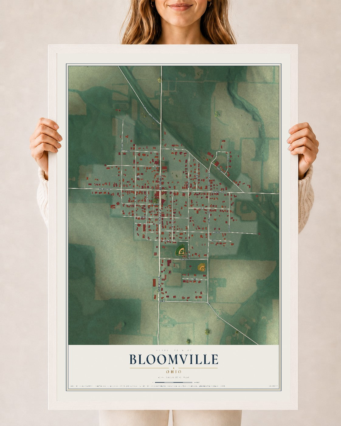 Map of Bloomville, Ohio, 24 x 36 inch print in a white wood frame