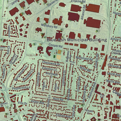 Close-up of the map of Blue Ash, Ohio print showing street and building detail