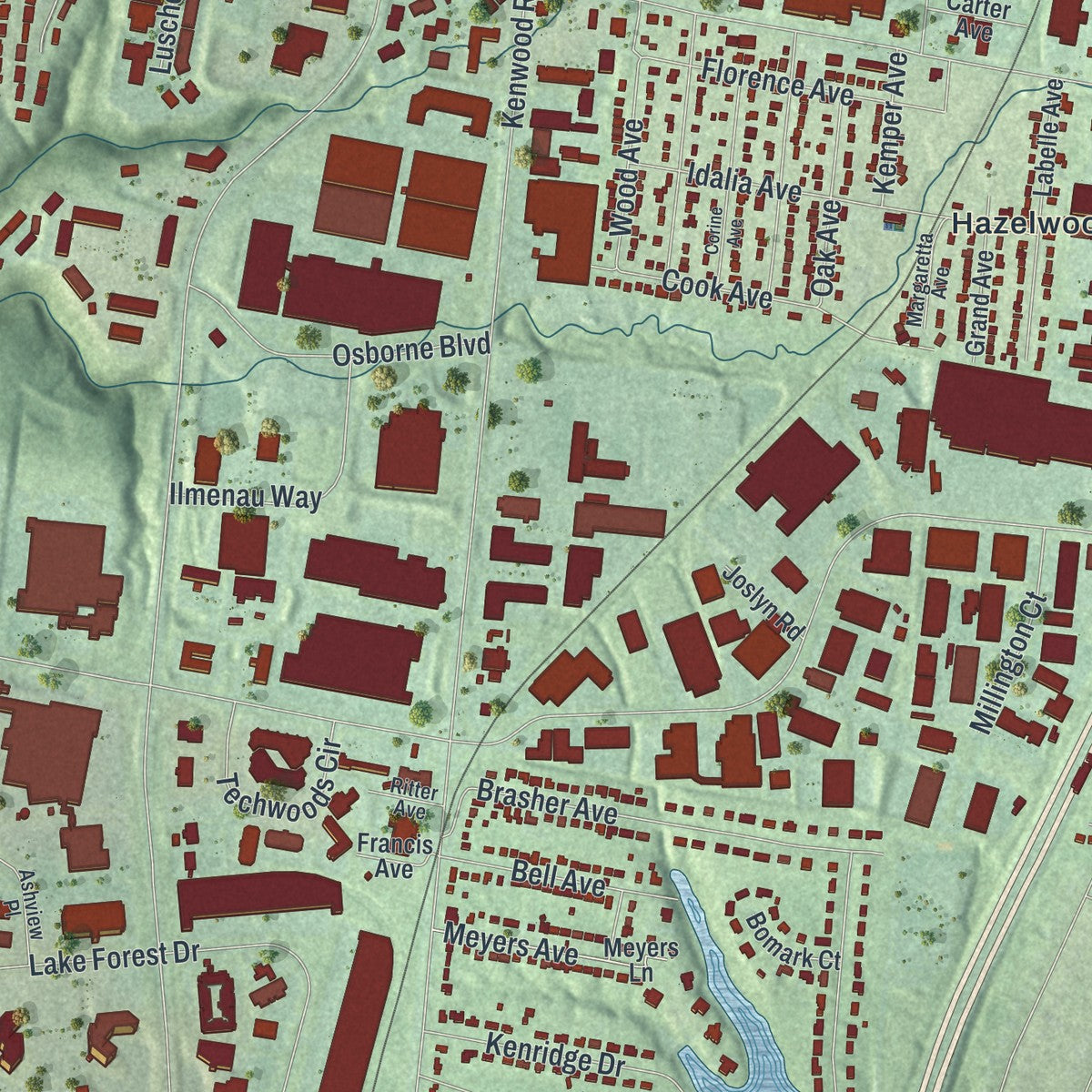 Second close-up of the map of Blue Ash, Ohio print showing more streets and buildings