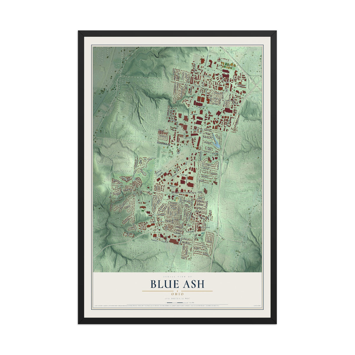 Map of Blue Ash, Ohio, 12 x 18 inch print in a black wood frame