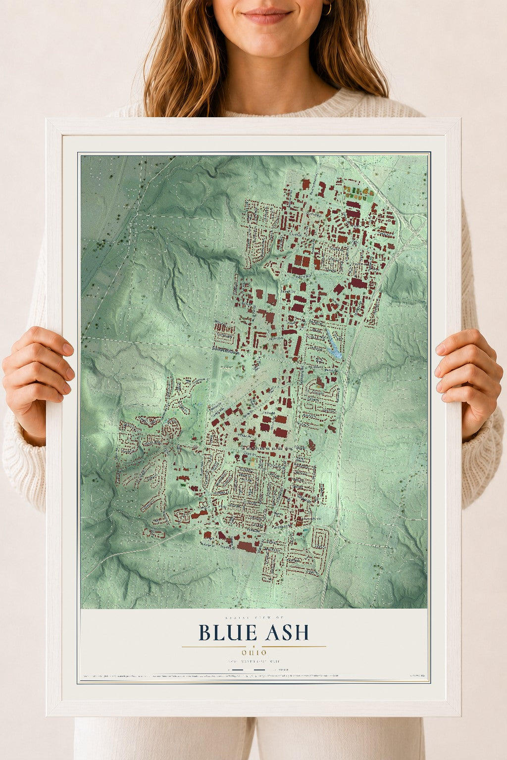 Map of Blue Ash, Ohio, 18 x 24 inch print in a white wood frame