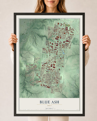 Map of Blue Ash, Ohio, 24 x 36 inch print in a black wood frame