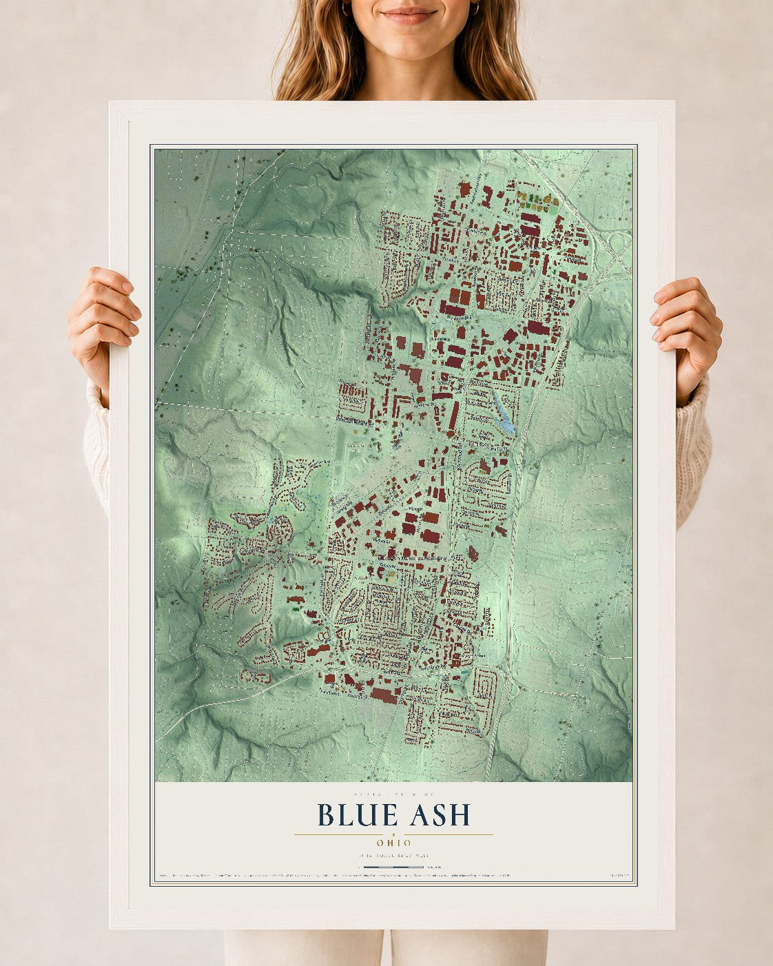 Map of Blue Ash, Ohio, 24 x 36 inch print in a white wood frame