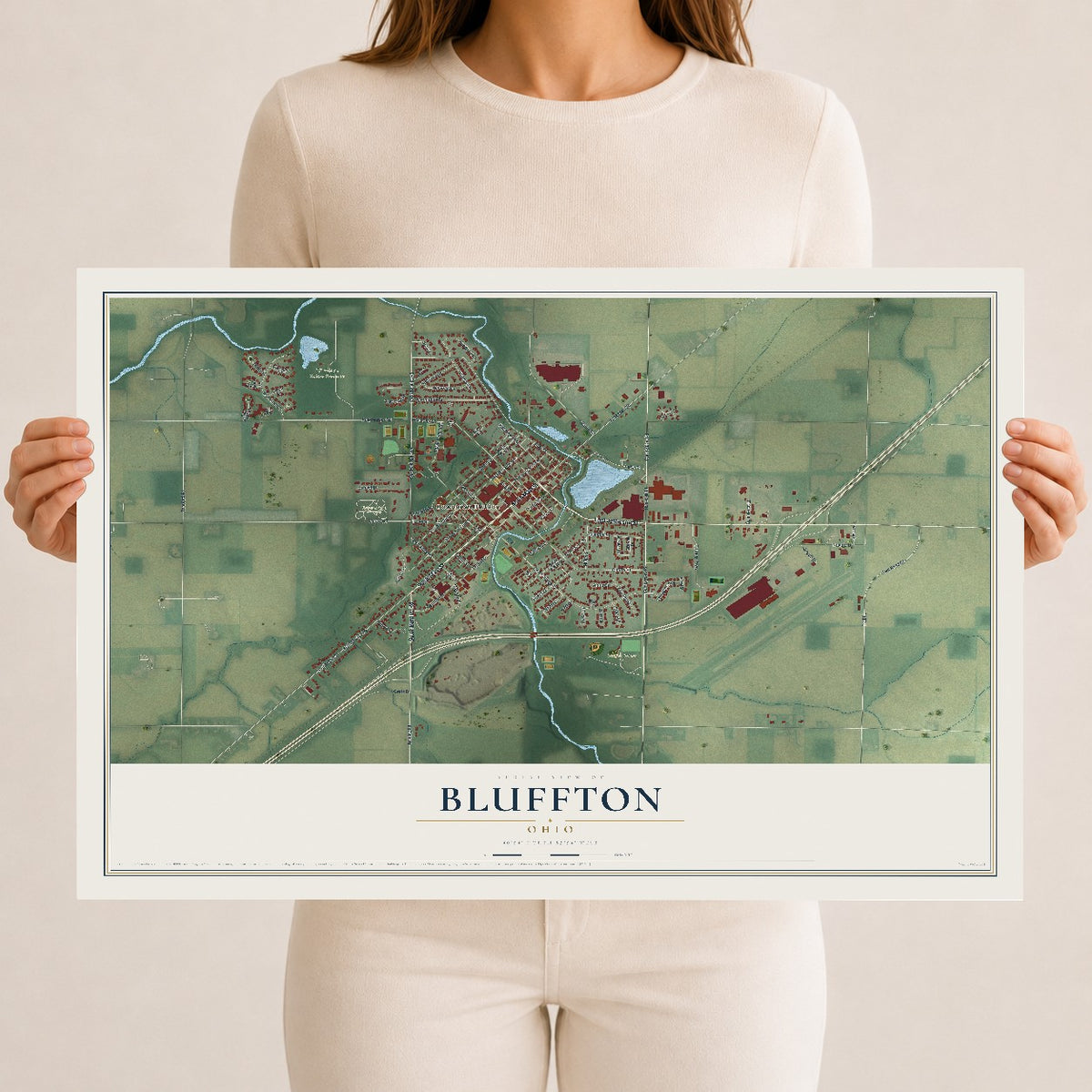 Map of Bluffton, Ohio, 12 x 18 inch unframed archival matte print
